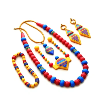 A set of ethnic jewelry featuring intricate tribal patterns. The collection includes a necklace adorned with colorful beads and pendants. There are matching earrings with geometric designs and vibrant hues. A bracelet made of woven threads and small charms complements the set. Each piece showcases a rich blend of colors, with reds, blues, and yellows prominently displayed. The jewelry is arranged on a soft cloth background to highlight its details and craftsmanship.
