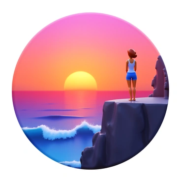 A woman named "Marie" standing at the edge of a cliff, gazing out at the "breathtaking sunset." The sky is filled with vibrant shades of "orange," "pink," and "purple," blending together as the sun sets on the horizon. In the background, the "ocean" is visible, reflecting the colors of the sky. The waves gently crash against the rocky cliffside, adding texture to the scene. Marie's hair is lightly flowing in the sea breeze, and she is dressed in a casual "summery outfit."