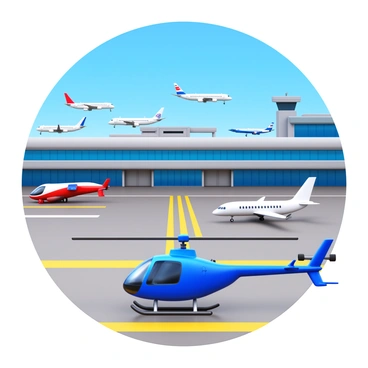 A helicopter landing on a helipad adjacent to a large airport terminal. The terminal is filled with several airplanes of various sizes and colors, including commercial jets and smaller private aircraft. The helicopter has a sleek design with spinning rotor blades, and there are airport ground personnel visible, preparing for its arrival. The scene captures a bright, clear day with blue skies above and the bustling activity of the airport in the background.