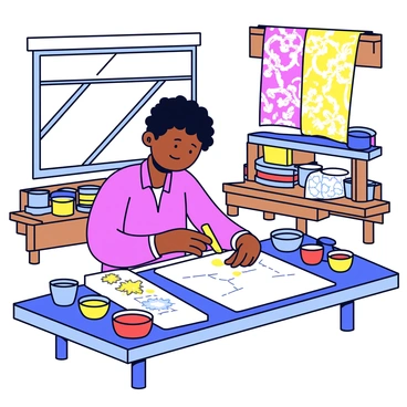 An artisan hand-dyeing cloth in an Indonesian batik workshop. The artisan is focused on applying intricate wax patterns onto a piece of white fabric using a traditional tool called a canting. Surrounding the artisan are vibrant dyes in small containers, including shades of blue, red, and yellow. The workshop features wooden tables and shelves filled with various fabrics, some already decorated with detailed batik designs. Sunlight streams in through a window, illuminating the colorful work in progress.