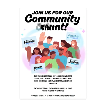 A colorful poster features a large headline that reads "Join Us for Our Community Event!" in bold letters. Below the headline, there is an image of a diverse group of people, including individuals of various ages and backgrounds, gathered together with smiling expressions. They are holding signs of support for the local candidate, which are decorated with vibrant colors. The background of the poster is filled with a gradient of pastel colors, adding a lively atmosphere. At the bottom, there are details about the event, including the date, time, and location, presented in clear, legible fonts.