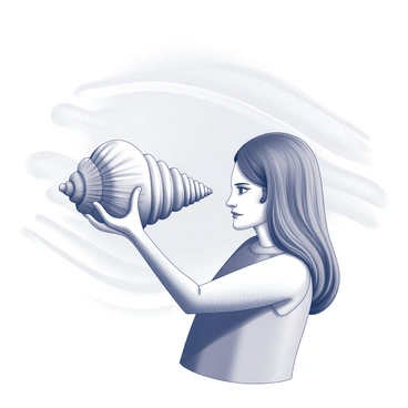 A person is holding a large conch shell to their ear. The shell is intricately detailed with ridges and swirls, capturing natural textures. The individual's expression reflects focus and curiosity, as they engage with the shell. Their body is slightly turned, suggesting a connection to the environment around them. The background features soft, abstract lines that evoke a sense of sound waves, reinforcing the idea of listening to the ocean's music.