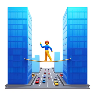 A tightrope walker in a focused pose, balancing on a thin rope stretched between two tall skyscrapers. The skyscrapers are made of glass and steel, reflecting the bright blue sky. Below, the bustling city streets are filled with tiny cars and people. The tightrope walker is wearing a bright, colorful outfit that stands out against the urban backdrop. There is a light breeze visible in the walker’s hair and clothing. A sense of height is conveyed by the dramatic view of the ground far below.