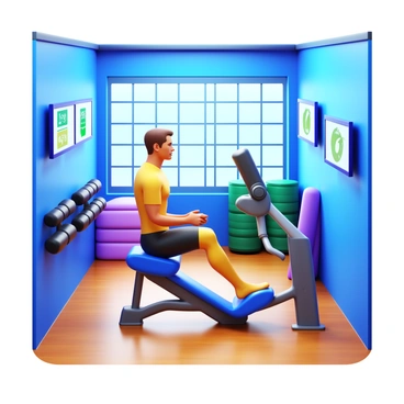 A high-tech gym interior featuring advanced exercise equipment and sleek design. A person is performing "glute kickbacks" while using a specialized machine. The individual is focused and athletic, wearing fitted workout attire. Large windows allow natural light to illuminate the space, highlighting the modern decor and vibrant colors of the gym. Wall-mounted screens display workout metrics and encouragement. The floor is made of polished wood, and gym mats are neatly arranged in the background.