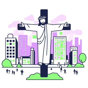A figure of Jesus is depicted on the cross, positioned centrally in the image. He has a crown of thorns on his head and is wearing a simple garment that drapes over his body. His arms are outstretched and nailed to the wooden cross. In the background, a bustling modern city skyline is visible, showcasing tall buildings with various architectural designs. The city has numerous windows reflecting light, and there are small silhouettes of people walking on the streets below. The sky above is a blend of colors, suggesting the time of day.