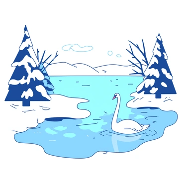 A white swan is gracefully walking on a snow-covered frozen lake. The surface of the lake is glistening under the soft light of a pale sun. Surrounding the lake are snow-laden trees with branches heavy with white snow, creating a peaceful winter landscape. The swan's reflection is faintly visible on the icy surface, adding to the serene atmosphere. In the distance, small snowflakes gently fall from the sky, enhancing the winter scene.