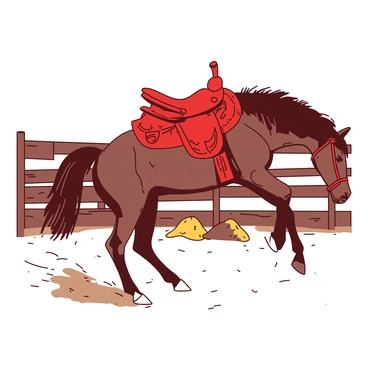 A red saddle with intricate designs is resting on the back of a bucking bronco in a pen. The bronco has a shiny brown coat and is rearing up, showcasing its powerful muscles. The pen consists of wooden fencing with dirt underfoot, and there are a few scattered hay bales in the background. Dust is being kicked up around the bronco's hooves as it bucks energetically.