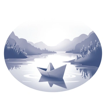 A small paper boat is floating on a calm river. The boat is delicately crafted and positioned in the center of the river. The surface of the water is smooth, with gentle ripples emanating from the boat. The riverbanks are lined with silhouetted trees and plants. The scene is illuminated by a fading light, creating a soft atmosphere as the sun sets on the horizon. There are subtle reflections on the water's surface, depicting the surrounding landscape. The overall composition captures a moment of tranquility in nature.