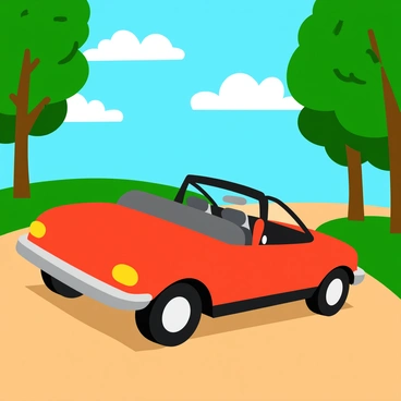 An open-roof convertible car is parked on a dirt path, showcasing its sleek design and vibrant color. The interior features plush seats and a polished dashboard. Above, the sky is a bright blue with fluffy white clouds scattered across it. Surrounding the car, tall green trees with leafy branches create a natural canopy, their sunlight-dappled shadows dancing on the ground. The scene is lively, capturing the essence of a perfect summer day.