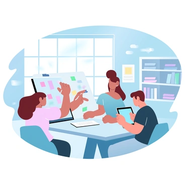 A brightly lit classroom filled with natural light streaming through large windows. Several students are gathered around a table, working on a group project. One student is placing colorful sticky notes on a poster board while another is writing on a whiteboard with a marker. A third student is holding a tablet, showing a digital presentation. The walls are adorned with educational posters and artwork. A bookshelf filled with books is visible in the background. The atmosphere is lively and dynamic.