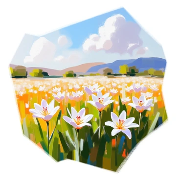 A vast field filled with delicate white and yellow lilies, their long green stems swaying gently in the breeze. The flowers are in full bloom, creating a sea of vibrant petals that dance softly against a clear blue sky. The sunlight filters through the leaves, casting playful shadows on the ground. In the background, there are rolling hills that provide depth to the landscape, and fluffy white clouds drift lazily overhead. The scene captures a sense of tranquility and abundance.