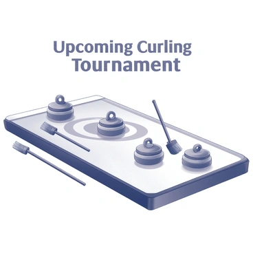 A poster featuring a stylized curling sheet. The design includes several curling stones arranged in a dynamic pattern across the ice surface. Each stone has a distinct shape and is depicted with detailed grooves. Several brooms are placed alongside the stones, their bristles angled as if ready to be used. The text "Upcoming Curling Tournament" is prominently displayed at the top, capturing attention with bold lettering. The background features sweeping lines to suggest movement and energy typical of curling.
