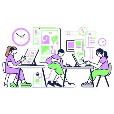 A group of illustrators is working at their individual desks in a bustling studio. Each illustrator has a drawing tablet in front of them and is focused intently on their screens. One illustrator on the left has brown hair in a ponytail and is sketching a character design. Another illustrator in the middle has glasses and is using vibrant markers to color a large poster. On the right, an illustrator is reviewing digital images on a laptop while hastily taking notes on a notepad. The walls of the studio are decorated with colorful artwork and sketches, and a large clock on the wall indicates the urgency of the deadline.
