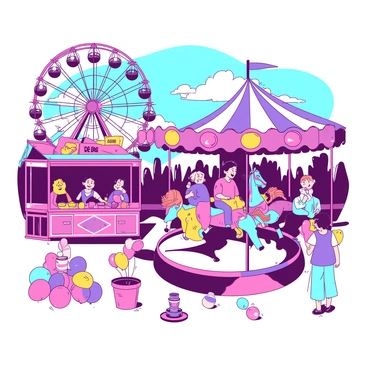 A vibrant scene at a traditional local fairground is filled with families enjoying various rides and games. In the foreground, a group of children are laughing as they spin on a colorful carousel featuring beautifully painted horses. Nearby, a booth adorned with bright signs offers carnival games, where families try their luck at knocking down stacked cans. Colorful balloons are held by excited kids, while the scent of popcorn wafts through the air. In the background, a large Ferris wheel stands tall against the sky, with families taking in the view from the enclosed cabins. Bright lights illuminate the fairground as the sun begins to set, creating a festive atmosphere.