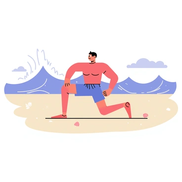 An athlete performing lunges on a sandy beach. The scene captures the athlete in mid-lunge position, showcasing their muscular form. Waves are crashing gently in the background, sending foamy white spray into the air. The sand is light beige, dotted with seashells. The sky above is clear with a few fluffy white clouds, providing bright sunlight that casts soft shadows on the ground.