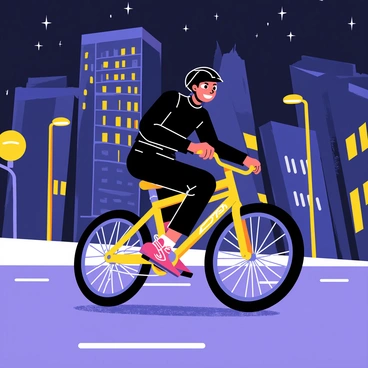 A rider on a brightly colored freestyle bike cruising through city streets at night. The bike features neon accents and stylish designs. The rider is wearing a dark helmet and a fitted jacket, with bright sneakers adding vibrant color to the outfit. Streetlights cast a warm glow, illuminating the pavement and surrounding buildings. Skyscrapers with illuminated windows rise in the background, and a starry sky adds depth to the scene. The rider's expression shows joy and thrill as they maneuver through the urban landscape.