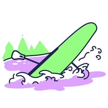 A canoe is tilting to one side in choppy waters. The canoe has two paddles resting against its sides. The water is dynamic, with visible waves creating an impression of movement around the canoe. In the background, there are hints of distant trees along the shore, partially obscured by the splashing water. The overall scene captures the struggle of balance and the interaction between the canoe and the energetic waves.