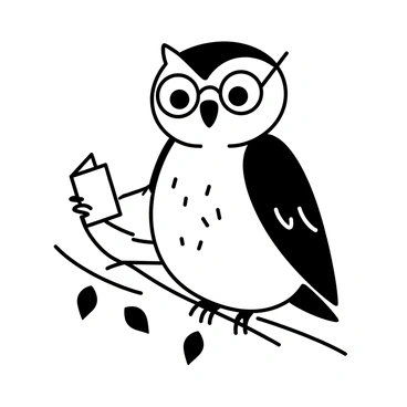A wise owl with round glasses is perched on a sturdy tree branch. The owl has large, expressive eyes and intricate feather details illustrating its wisdom. In its talons, it is holding a tiny book, open and facing outward, as if it is deep in thought or reading. Surrounding the owl are leaves on the branch, adding to the natural setting. The owl is looking slightly downwards, conveying an air of knowledge.