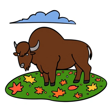 A large bison with shaggy brown fur is standing in a vibrant field. The ground is covered with a colorful assortment of autumn leaves in shades of red, orange, and yellow. The bison is looking calmly forward, showcasing its powerful build and curved horns. The sky above is clear with a hint of blue, and the sunlight casts a warm glow on the scene, highlighting the textures of the bison's fur and the crunchiness of the leaves scattered around.