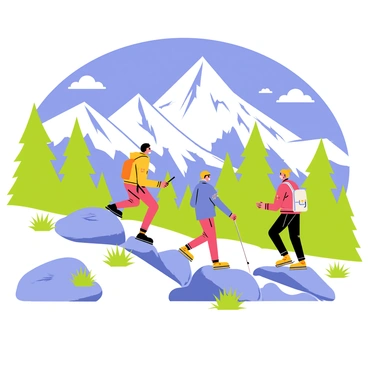 A group of three hikers dressed in colorful outdoor gear is navigating a rugged trail in the Canadian Rockies. The hikers are climbing over large rocks and uneven terrain, with one person pointing towards a distant mountain peak. A clear blue sky with a few fluffy white clouds provides a vivid backdrop. Majestic snow-capped mountains rise in the background, and lush green pine trees line the trail. The scene captures the adventurous spirit of the hike with "breathtaking views" of the stunning landscape all around.