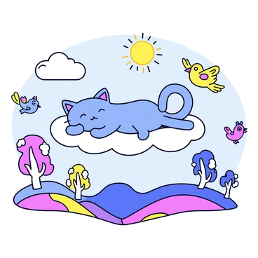 A blue cat lying on a fluffy cloud, with closed eyes and a relaxed expression. The cat has a soft fur texture and a long tail curled around its body. Below the cloud, there is a fantastical landscape featuring rolling hills in vibrant colors, with whimsical trees that have spiraled trunks and oversized, colorful leaves. In the sky, there are fluffy white clouds and a bright sun casting rays over the scene. Various colorful birds are flying around, adding to the dreamlike atmosphere.