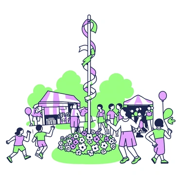 A lively spring festival scene unfolds with a tall maypole standing at the center. The maypole is adorned with colorful ribbons that hang down, fluttering in the breeze. Surrounding the maypole, there is a lush arrangement of flowers in various shapes and sizes, creating a vibrant floral display. Groups of people are gathered around the maypole, some are dancing while others are observing. Children are running about, holding colorful balloons. In the background, there are decorated stalls selling treats and crafts, enhancing the festive atmosphere.