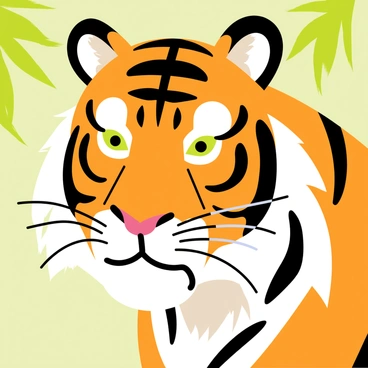 A portrait of a majestic tiger's face, featuring vibrant orange fur with bold black stripes. The tiger has piercing green eyes that convey strength and intensity. The background is a soft, blurred green, resembling foliage to accentuate the tiger's features. The tiger's whiskers are long and prominent, and its ears are perked up, showing alertness. The detailing of the fur is intricate, highlighting the textures and shades of orange and white.