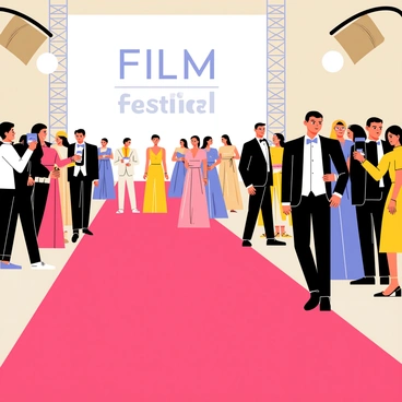 A glamorous film festival scene unfolds with a long, flowing red carpet laid out. Celebrities dressed in elegant evening gowns and sharp tuxedos walk confidently along the carpet. Some celebrities stop to pose for photographers, who are capturing the moment with their cameras flashing bright white lights. In the background, a large banner displays the name of the film festival in bold letters. The atmosphere is buzzing with excitement as fans line the barriers, eagerly watching their favorite stars.