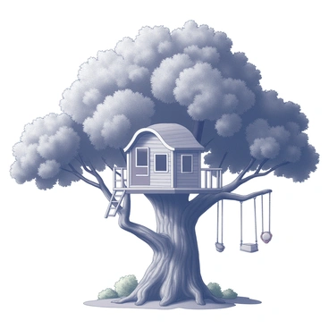 A large jackfruit tree stands prominently, with a wide trunk and an expansive canopy of leaves. Nestled among the thick branches is a treehouse, featuring a rounded structure with a wooden exterior and multiple small windows. The treehouse has a curved roof, enhancing its whimsical appearance. A small ladder connects the ground to the entrance of the treehouse, and colorful ropes and swings hang from the branches nearby, inviting playful exploration. The scene is filled with lush greenery and the unique texture of the jackfruit tree bark.