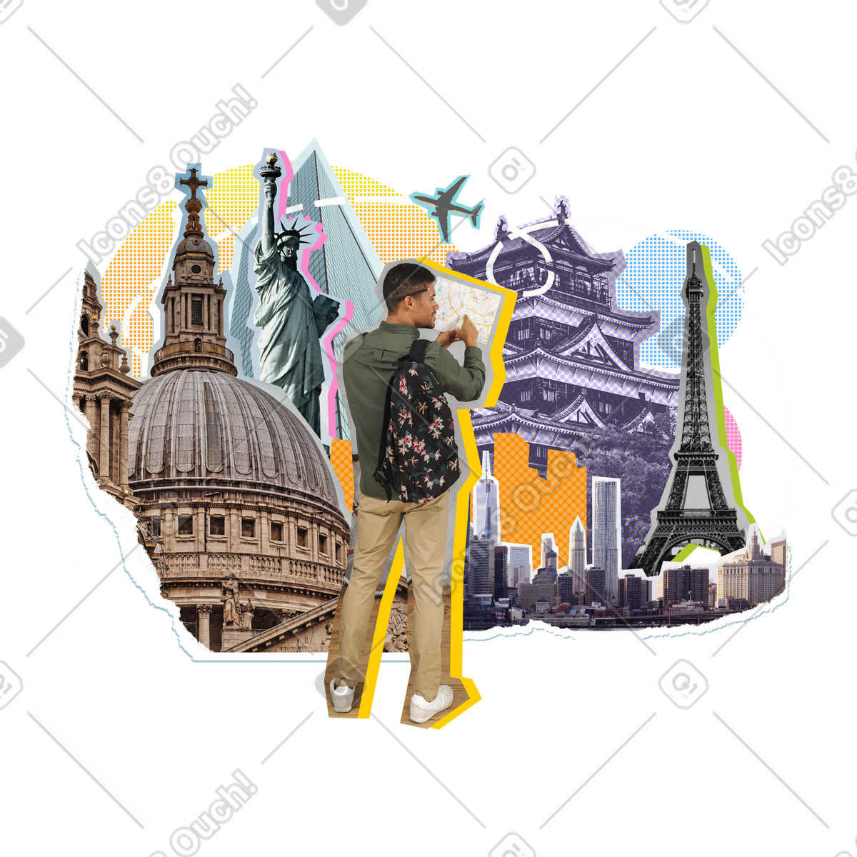 Анимированная иллюстрация Travelling collage with famous sights в стиле Paper Cut — скачать в форматах GIF, Lottie (JSON), AE