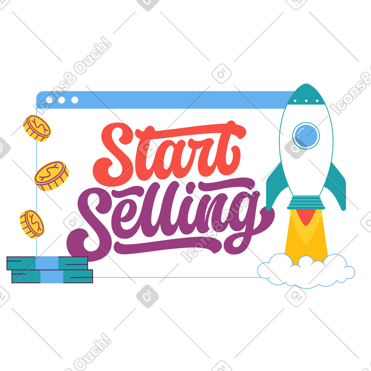 Schriftzug „start selling“ auf dem bildschirm mit geld und raketentext-Illustration im Sammy-Stil als Download in PNG, SVG