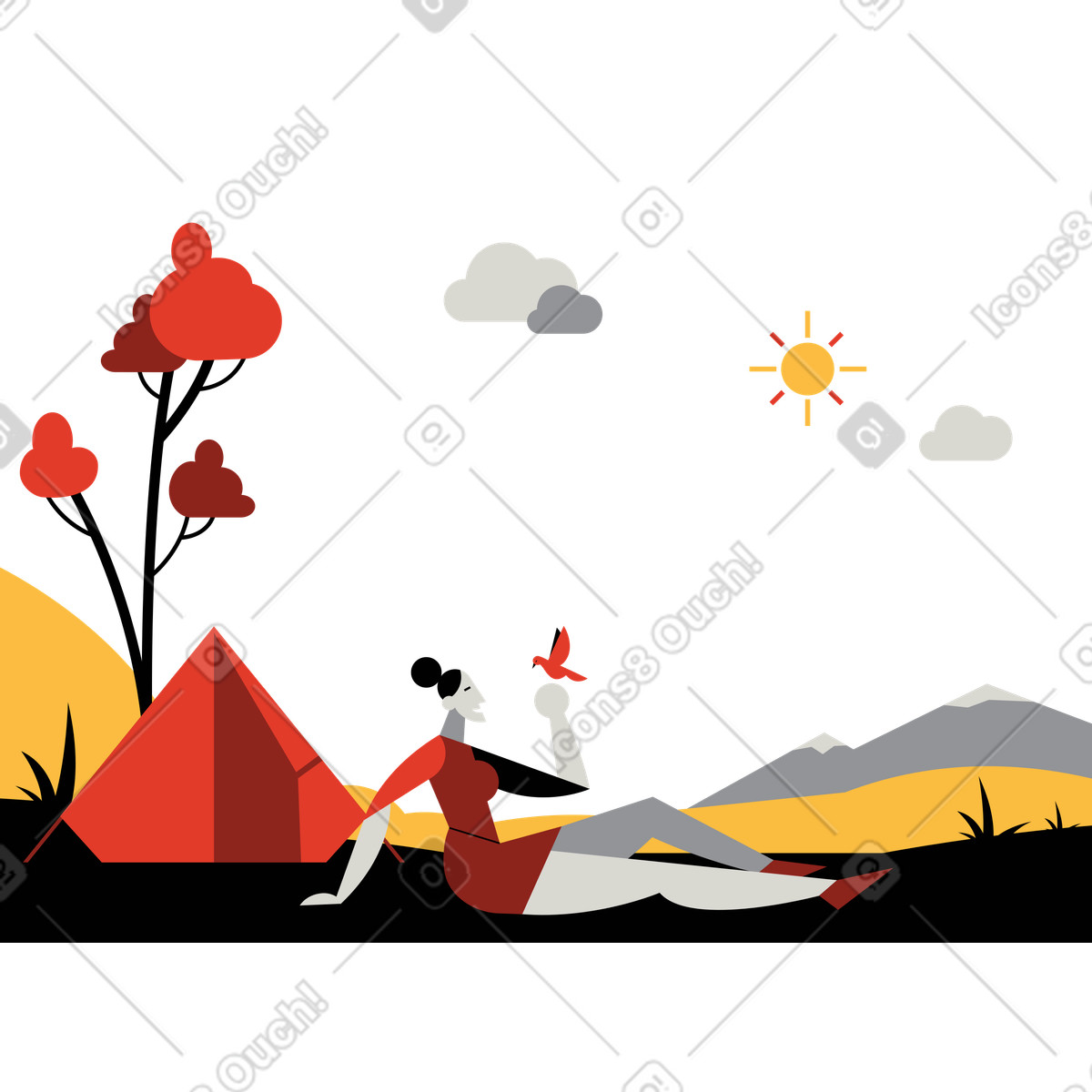 Ilustración Mujer en un viaje de senderismo sentada y sosteniendo pájaro la mano estilo Burgundy a descargar PNG SVG