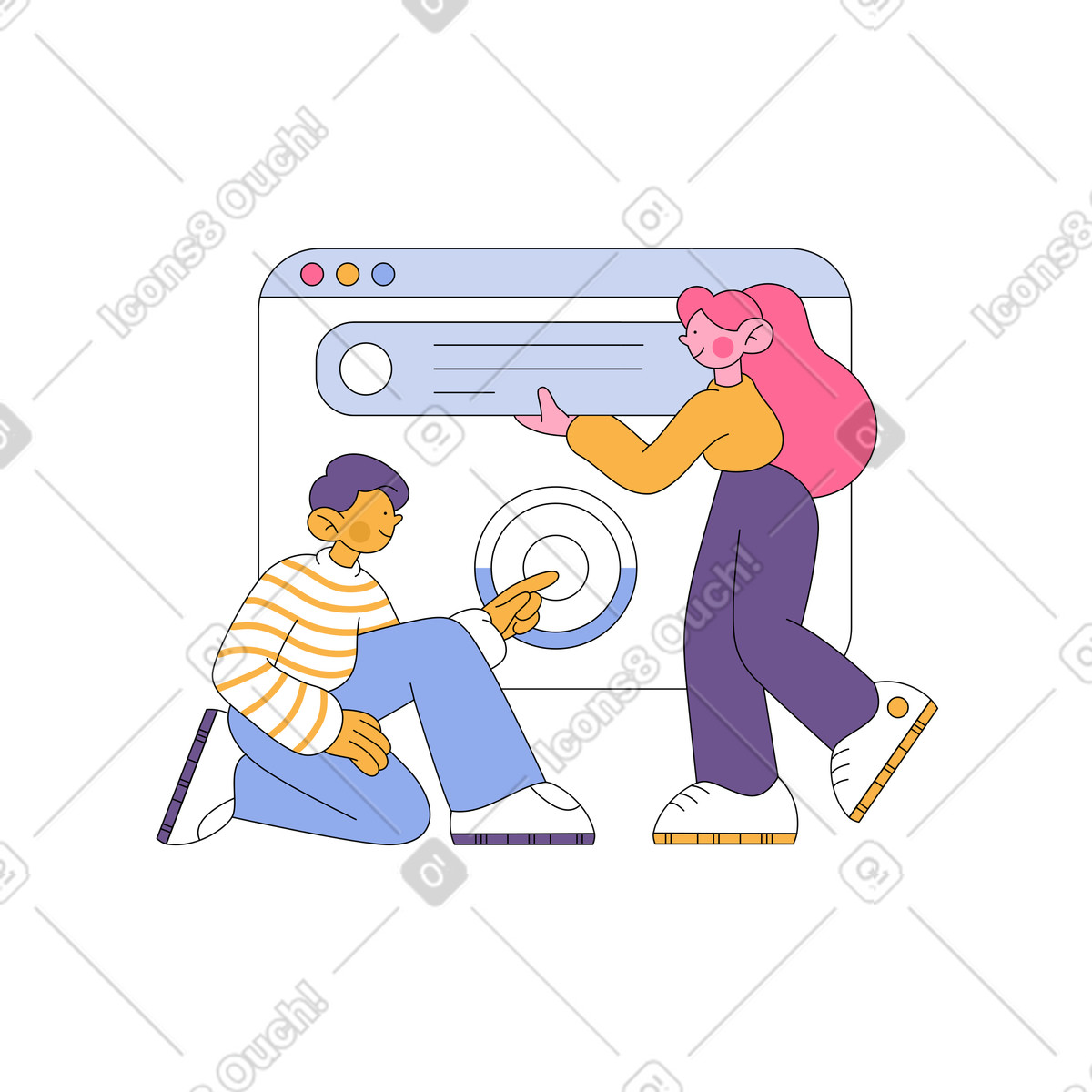 Woman and man doing web browser development animated illustration in GIF, Lottie (JSON), AE