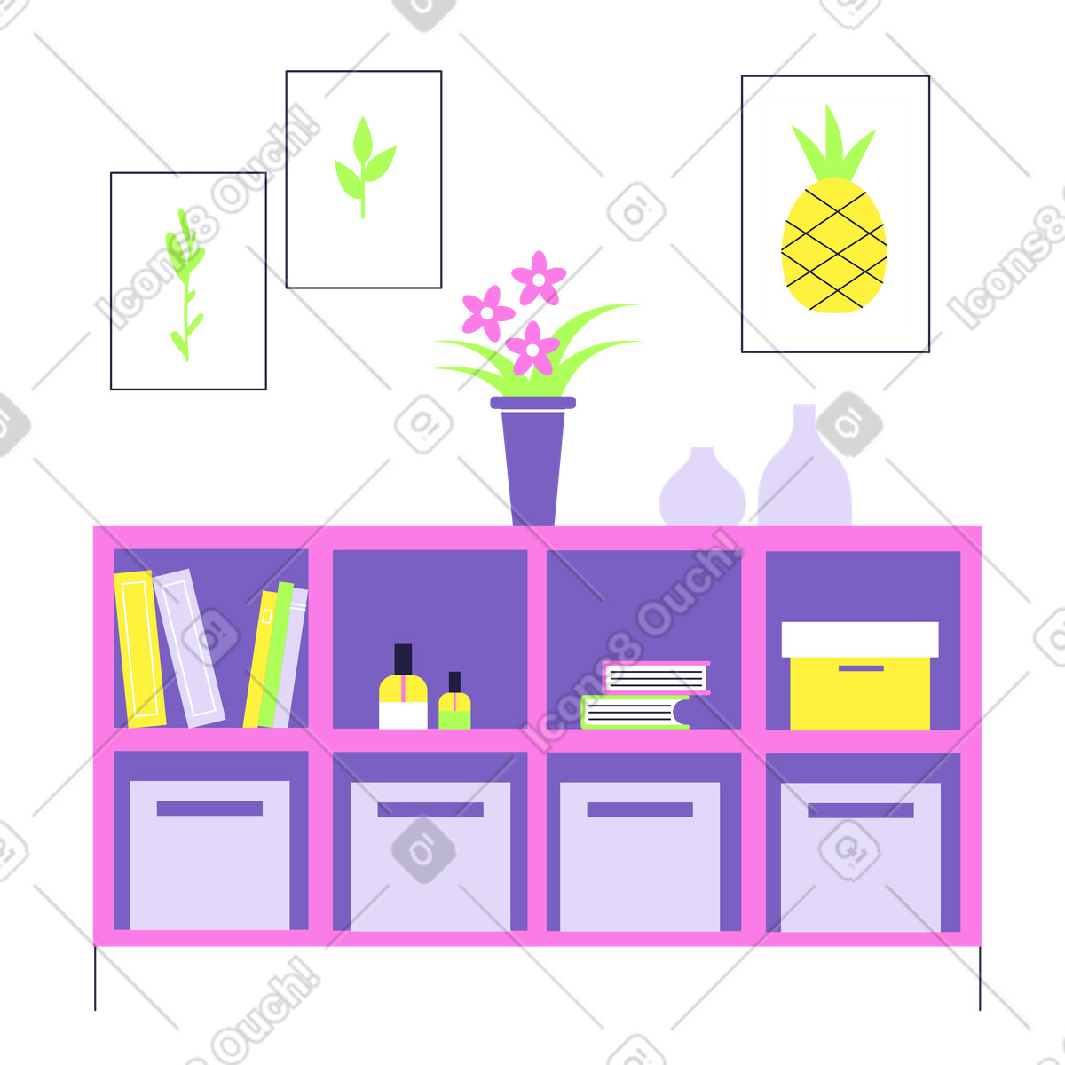 Soggiorno con mensola, vaso di fiori e quadri a parete illustrazione in stile Mellow scarica in PNG, SVG