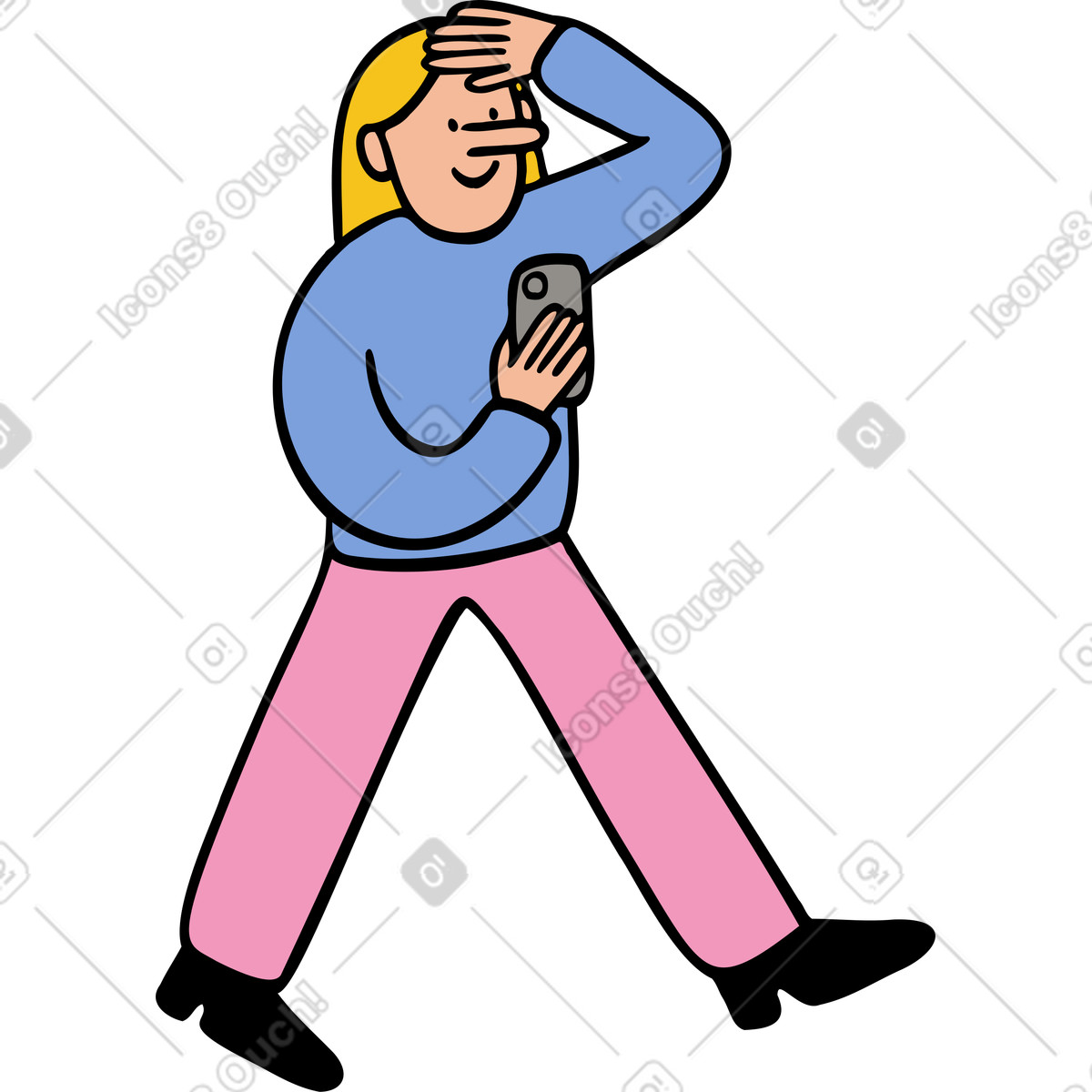 Comic 스타일의 손에 휴대전화를 들고 주변을 둘러보며 걷는 여성 일러스트레이션 PNG, SVG 다운로드