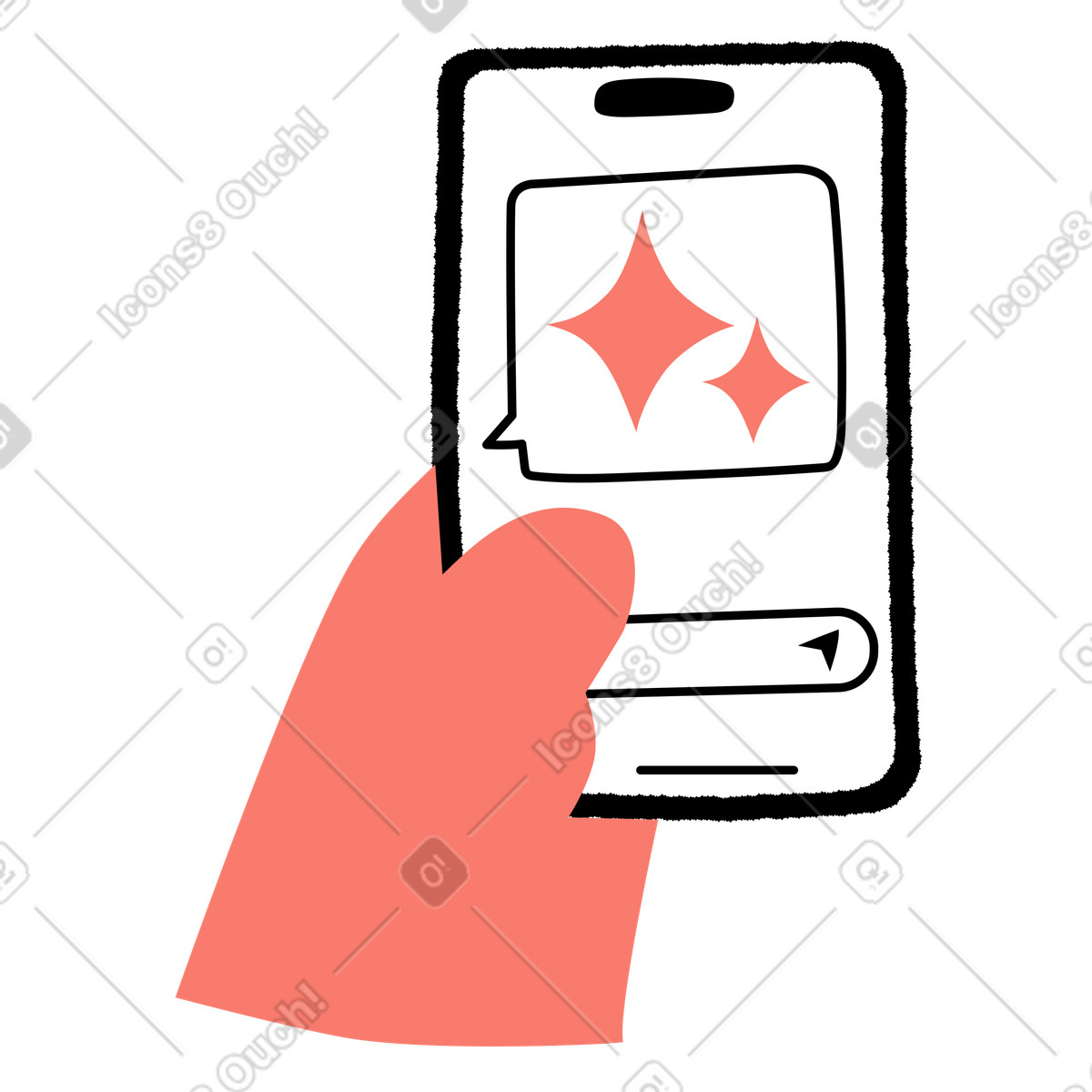 下载 Bold People 风格的 Smartphone chat screen with sparkle message and send arrow button 插画，支持 PNG、SVG 格式
