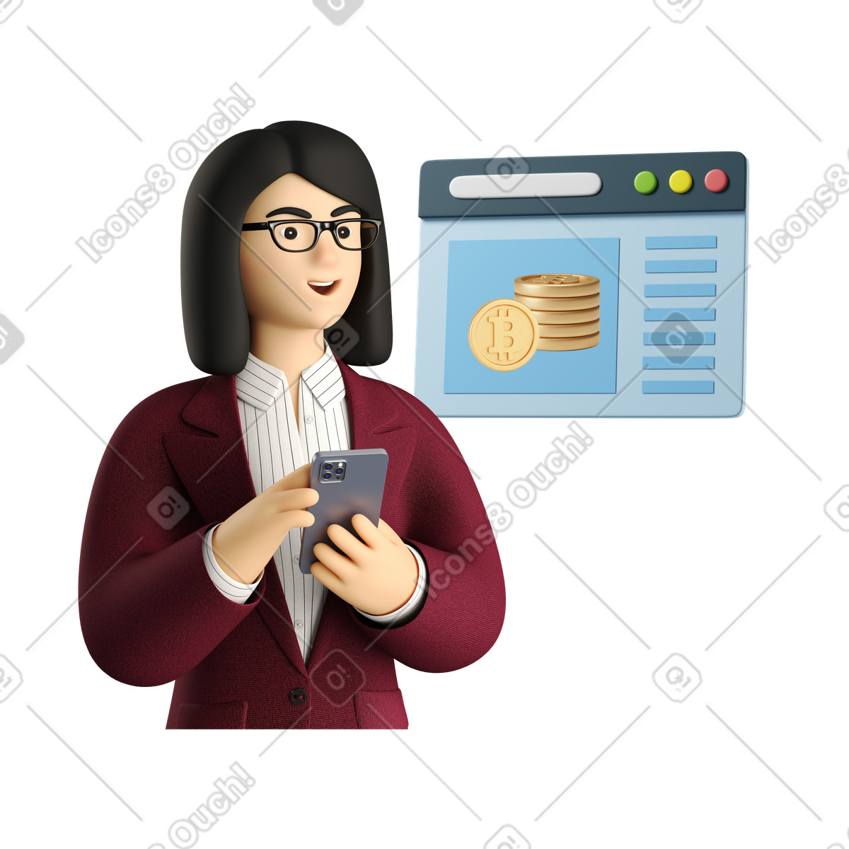 Imprenditrice che legge un articolo online su bitcoin illustrazione in stile 3D Business scarica in PNG, SVG