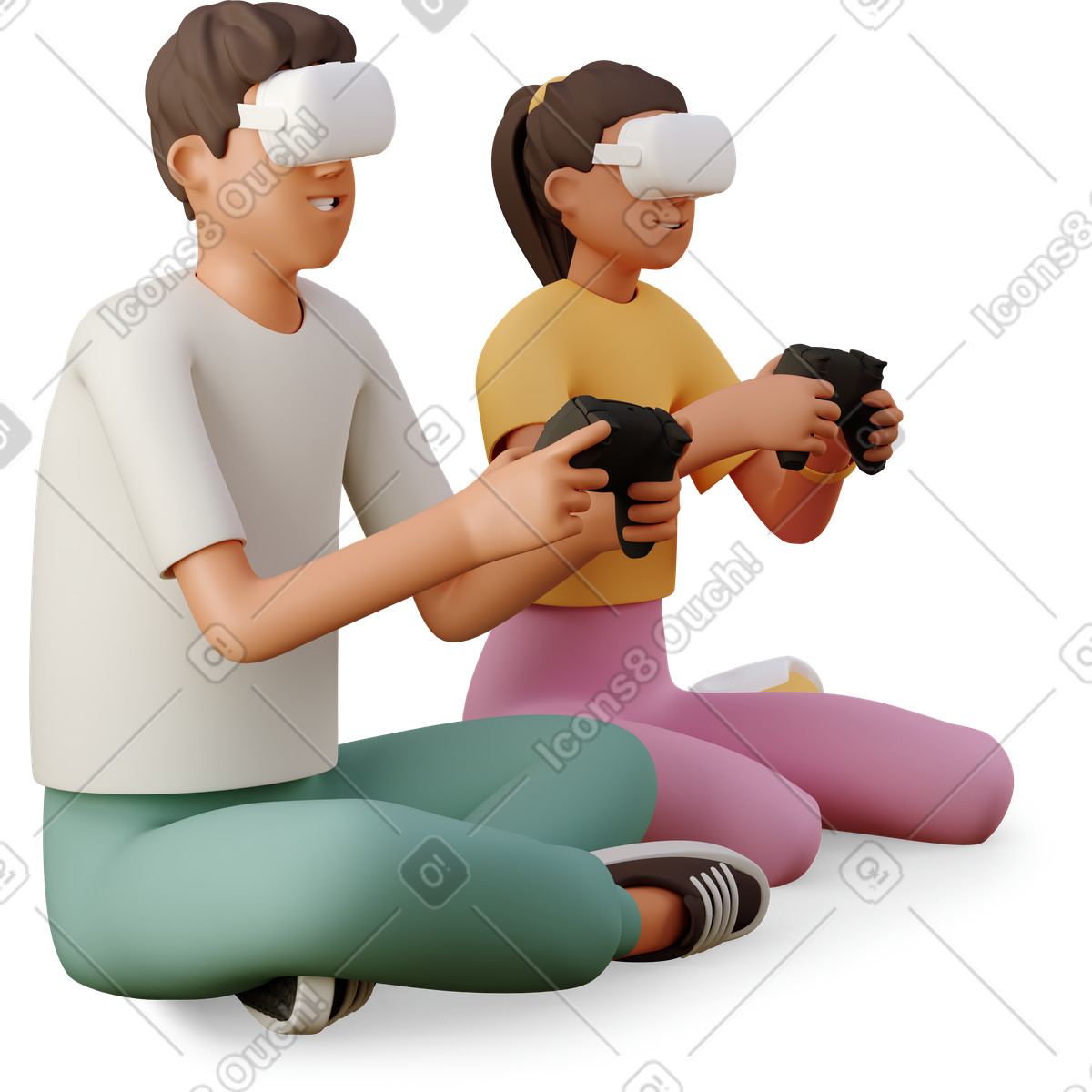 Ilustração de Homem e mulher com fone de ouvido vr jogando videogame em casa em PNG e SVG