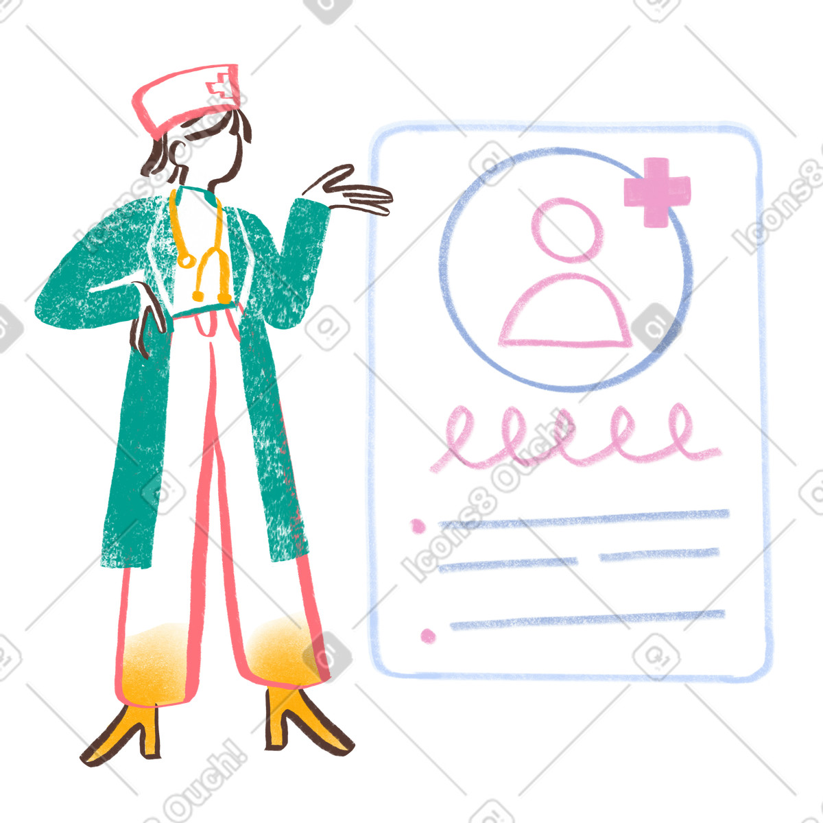 Doctor looking at patient`s card-Illustration im Company-Stil als Download in PNG, SVG