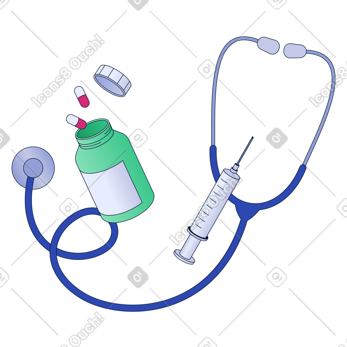 Stethoscope, pills and syringe-Illustration im Neat-Stil als Download in PNG, SVG