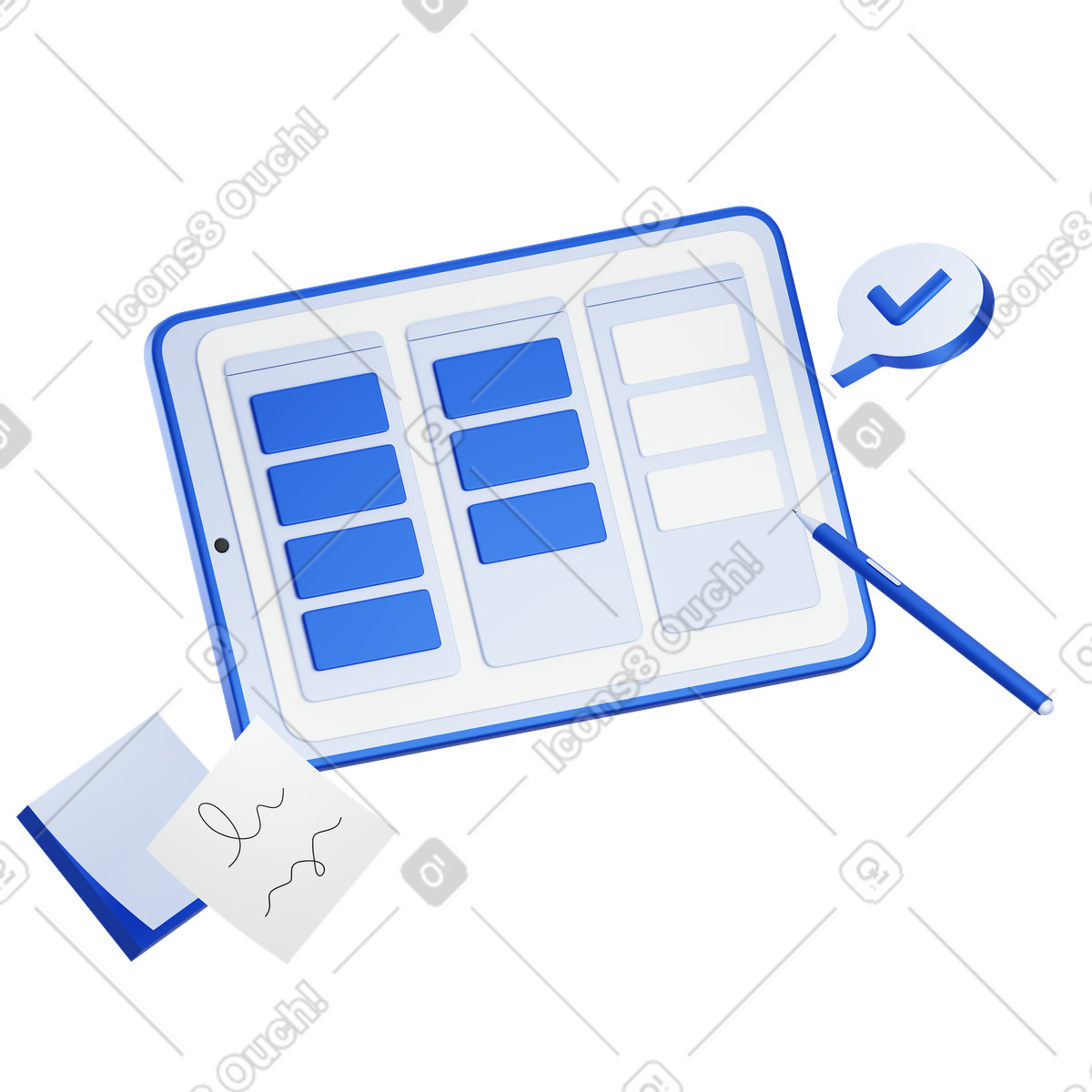 Illustration animée Tableau de planification kanban sur tablette dans le style 3D Techny à télécharger aux formats GIF, Lottie (JSON), AE