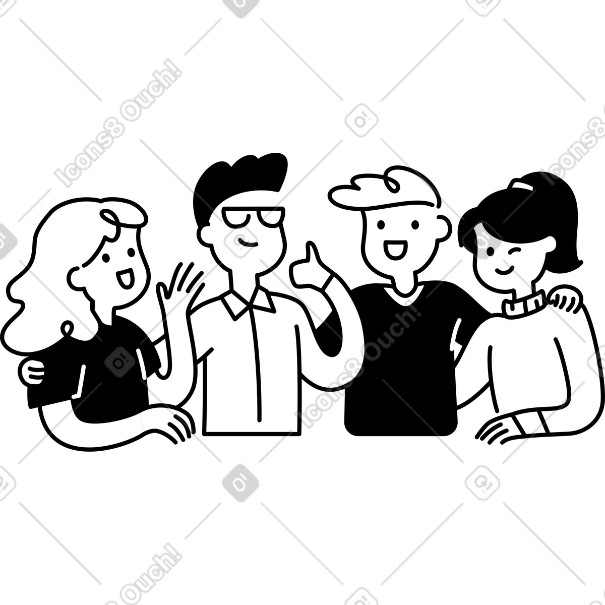 Friends group hugging together smiling faces and casual clothing-Illustration im Notion Line Art-Stil als Download in PNG, SVG
