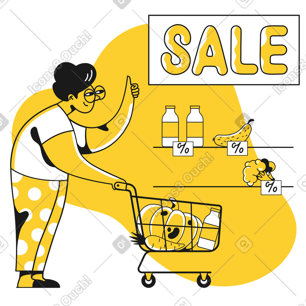 Vecchia signora felice di comprare generi alimentari in saldo illustrazione stile Taxi scarica PNG, SVG