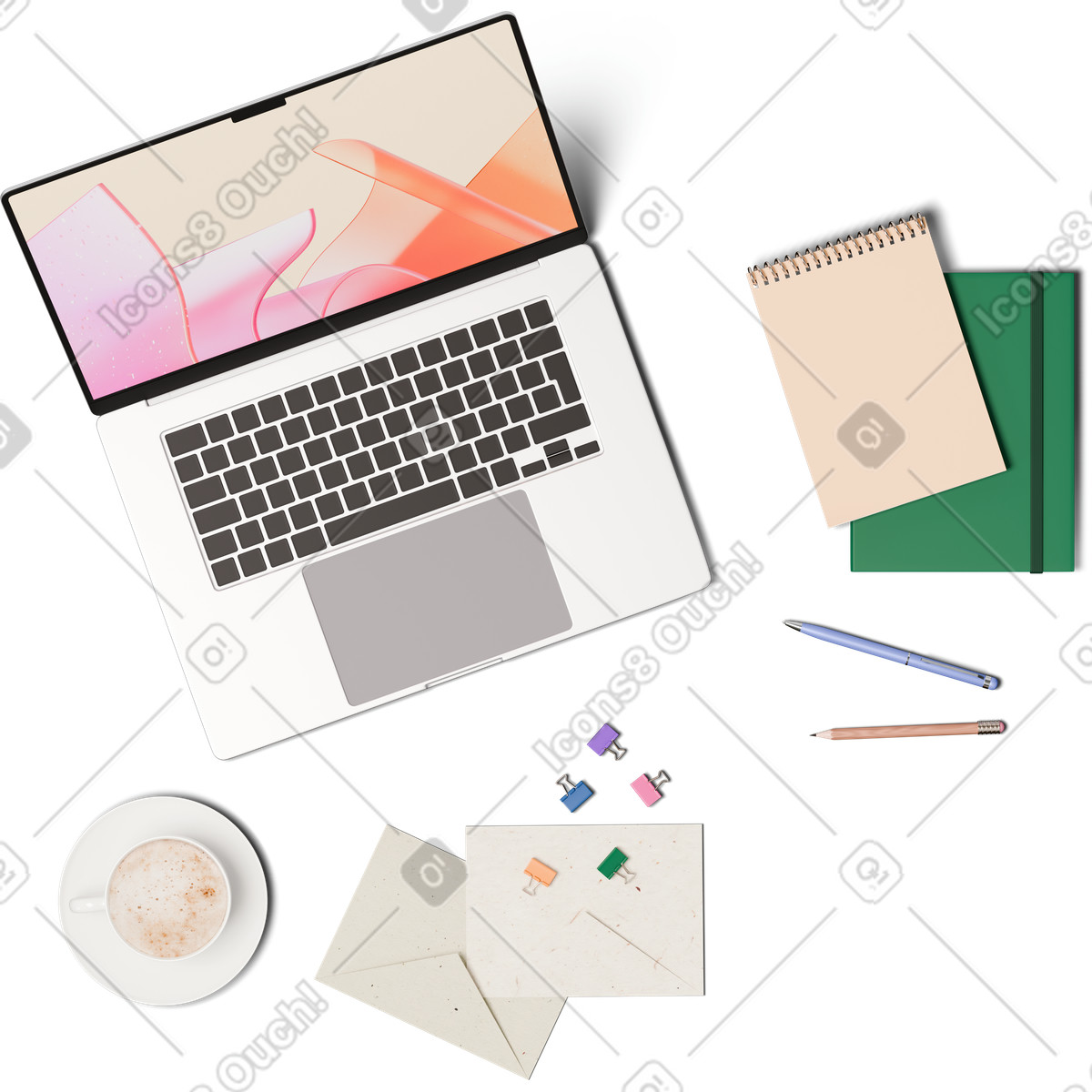 Draufsicht auf laptop, tasse kaffee, notizbücher und briefe-Illustration im 3D Hygge-Stil als Download in PNG, SVG