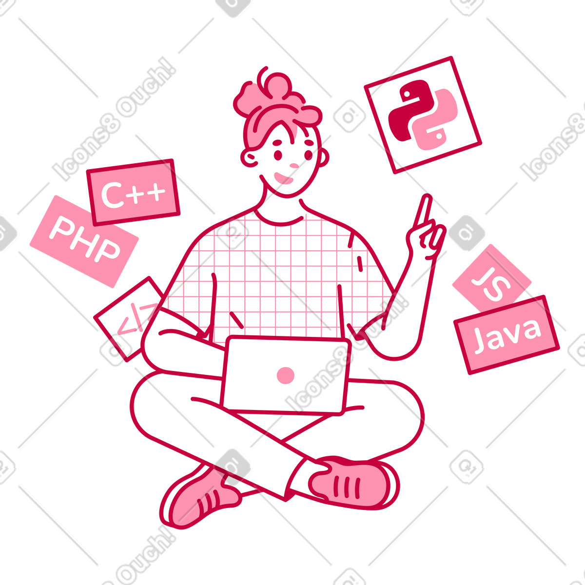 Illustration animée Une femme choisit entre plusieurs langages de programmation dans le style Natty à télécharger aux formats GIF, Lottie (JSON), AE
