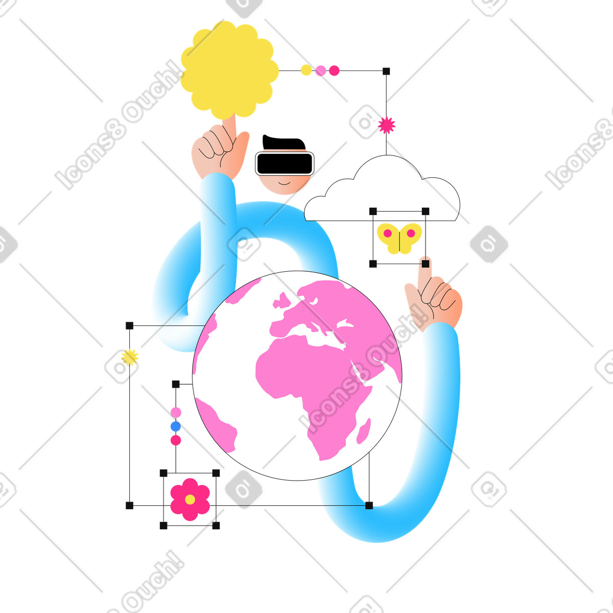 Illustration Homme portant des lunettes vr et explorant la réalité virtuelle dans le style Knotty à télécharger aux formats PNG, SVG