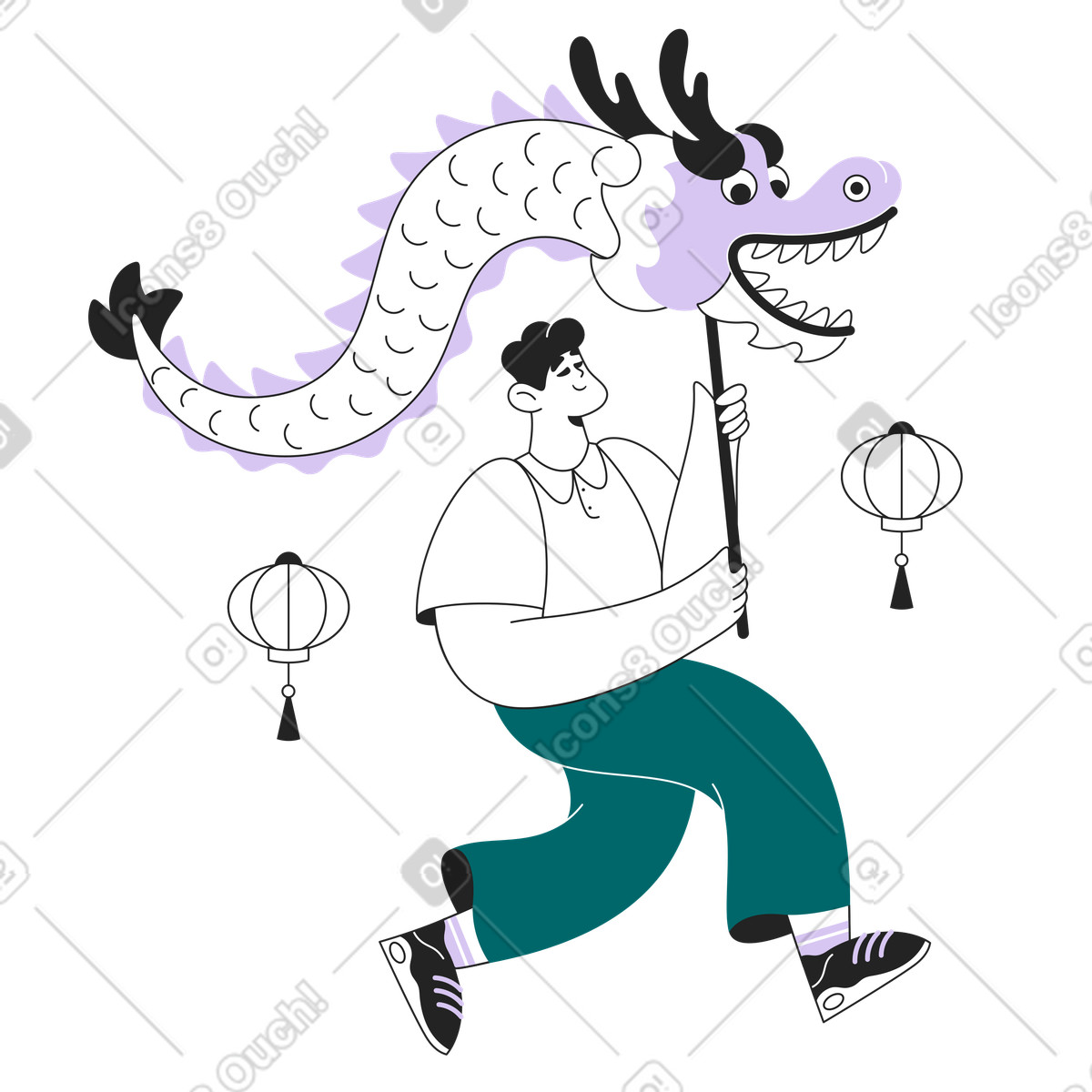 Sammy Line スタイルの Person performing dragon dance, chinese new year celebration scene のイラストをPNG、SVG形式でダウンロード
