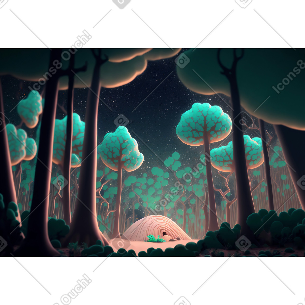 Ilustración Fondo de bosque noche fantasía 3d en estilo Experimental a descargar en PNG y SVG