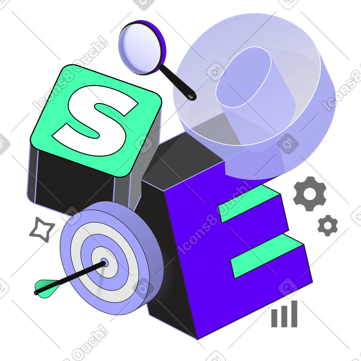 Ilustración Magnifying glass over SEO typography, Website visibility and traffic growth en estilo Incut a descargar en PNG y SVG
