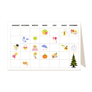 A calendar page featuring a rectangular layout with a white background. Each month is represented by a bordered section with a distinct illustration. The month of January includes a snowman with a top hat and a scarf, surrounded by snowflakes. For February, there is a heart-shaped illustration with flowers. March showcases a blooming flower with green leaves, while April features raindrops falling from clouds. The month of May depicts a picnic scene with a checkered blanket and a basket. June presents a sunny beach scene with a colorful beach ball and sandcastle. July features fireworks in the night sky, and August shows a vibrant sun with sunglasses. September displays colorful autumn leaves, October features a carved pumpkin, while November presents a cornucopia filled with fruits. Finally, December shows a decorated Christmas tree with twinkling lights and ornaments. Each section is clearly labeled with the month's name in a playful font.